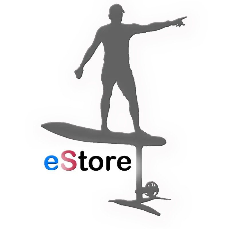 eFoilgc eStore logo in embossed black, red, and blue shadow, representing the Gold Coast online hydrofoil, eFoil, and Wingfoil gear shop